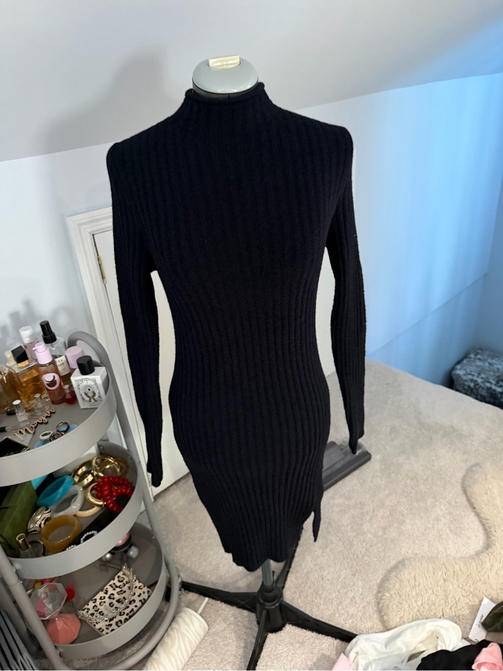 Wilfred Black Rib-Knit Mock Neck Long Sleeve Dress